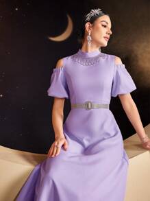 Modelyn 女式露肩泡泡袖连衣裙配水钻装饰立领长款晚礼服 - 紫色 - 查看 7