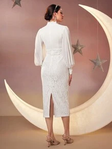 Modelyn Women's Self-Tie Lantern Sleeve Bodycon Dress Long Evening Dresses - White - View 2