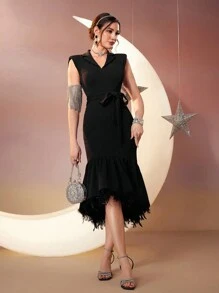 Modelyn Women's Fishtail Dress With Fluffy Hem Long Evening Dresses - Black - View 7