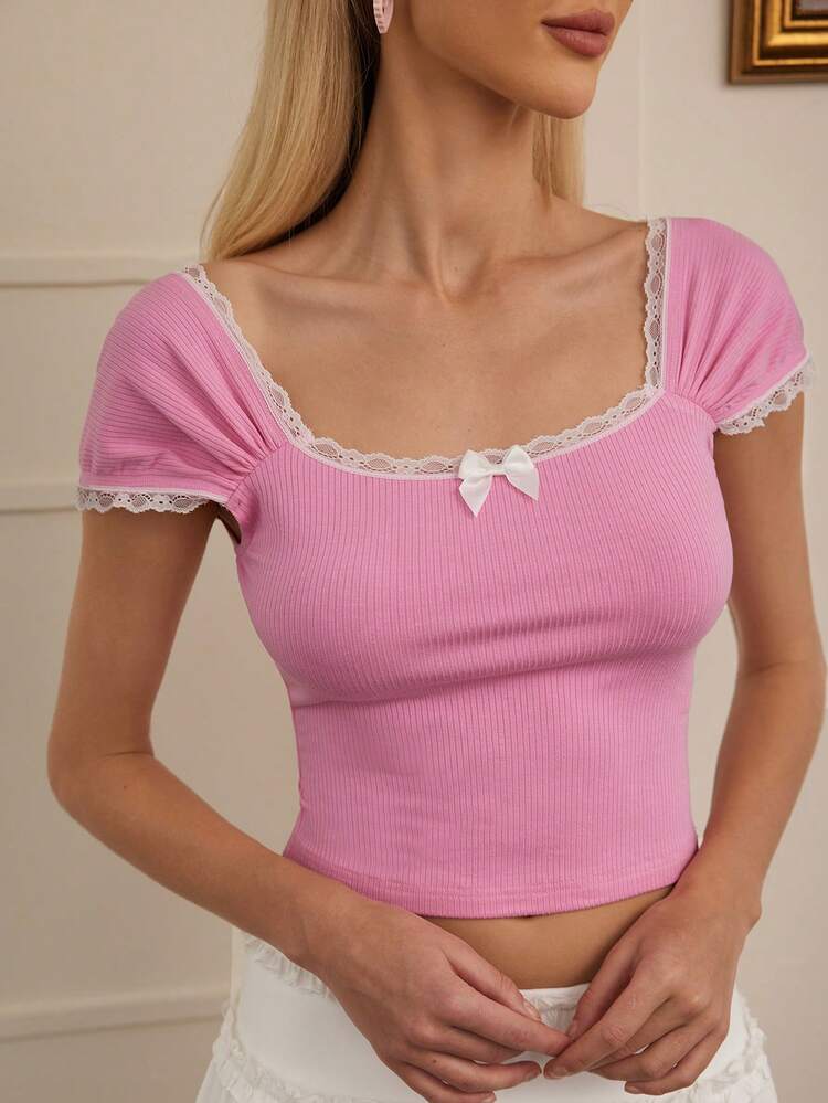 Women's Y2k Dopamine Pink Lace Bowknot Short T-Shirt