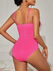 SHEIN Swim 夏季女士深 V 领纹理面料连体泳衣 - 玫紅色 - 查看 2