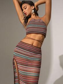 Zolique Women's Vacation Style Striped Halterneck Top And Skirt Two Piece Set - Multicolor - View 1