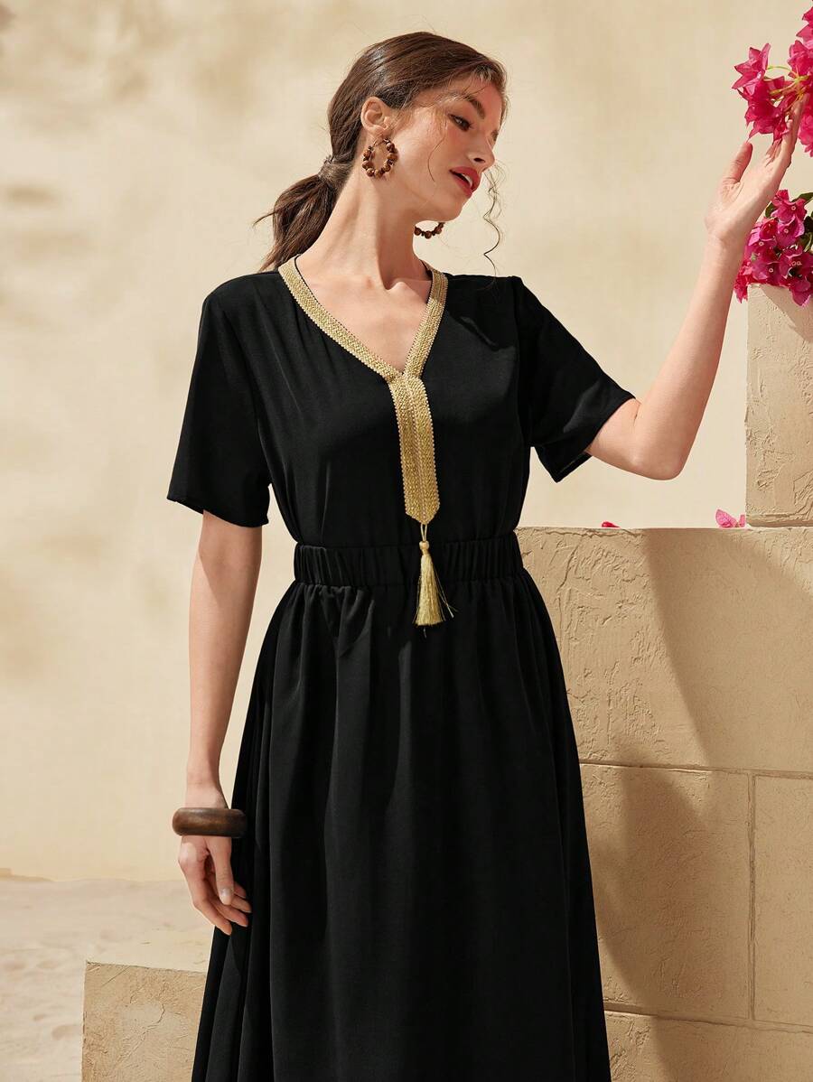 Al Najma Women's V-Neck Shirt With Fringe And Patchwork Ribbon & Skirt 2pcs Set 2 Piece Set - Black - View 1