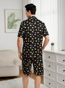 Men's Crown Pattern Short Sleeve Homewear Set - Black - View 2