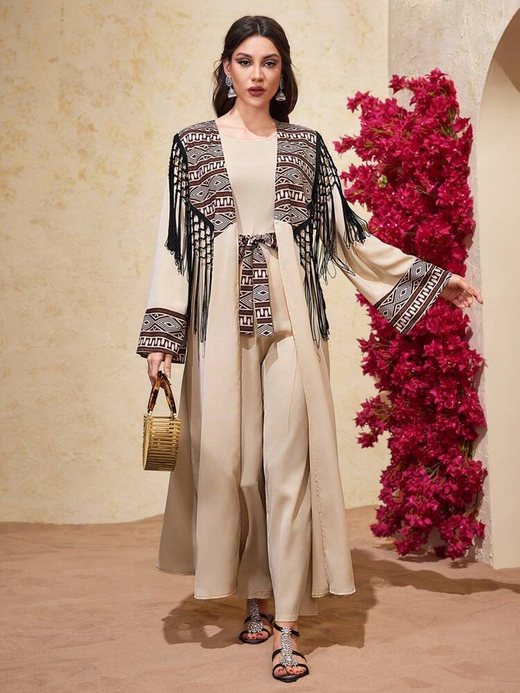 Women's Geometric Printed Patchwork Fringe Decorated Jacket With Jumpsuit Two Pieces Abaya Set 2 Pieces Set Fall Cloth For Women