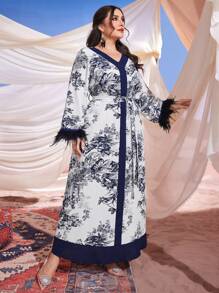 Al Najma Kích thước lớn Của phụ nữ Tiếng  Ả Rập Quần áo Với In thực vật Vá lại Thiết kế & Lông vũ - Màu xanh hải quân - Xem 6