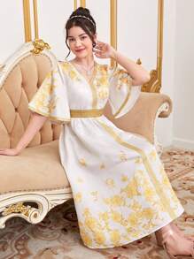 SHEIN Teen Girl's V-Neck Golden Flower Print Dress With Woven Tape Decoration
