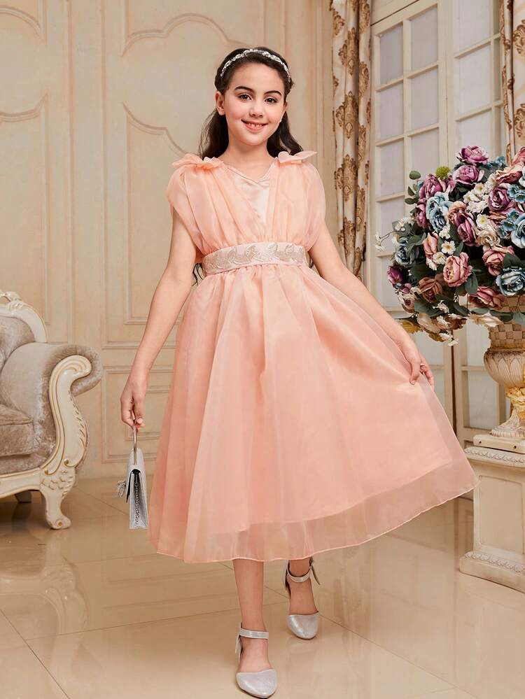Tween Girl's Sleeveless Organza Dress With Bow Knot, V-Neckline And Tape Decoration