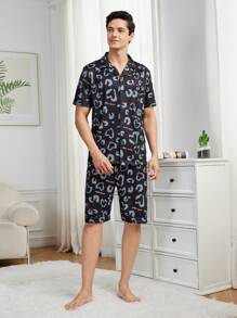 Men's Heart Print Short Sleeve Homewear Set - Black - View 4
