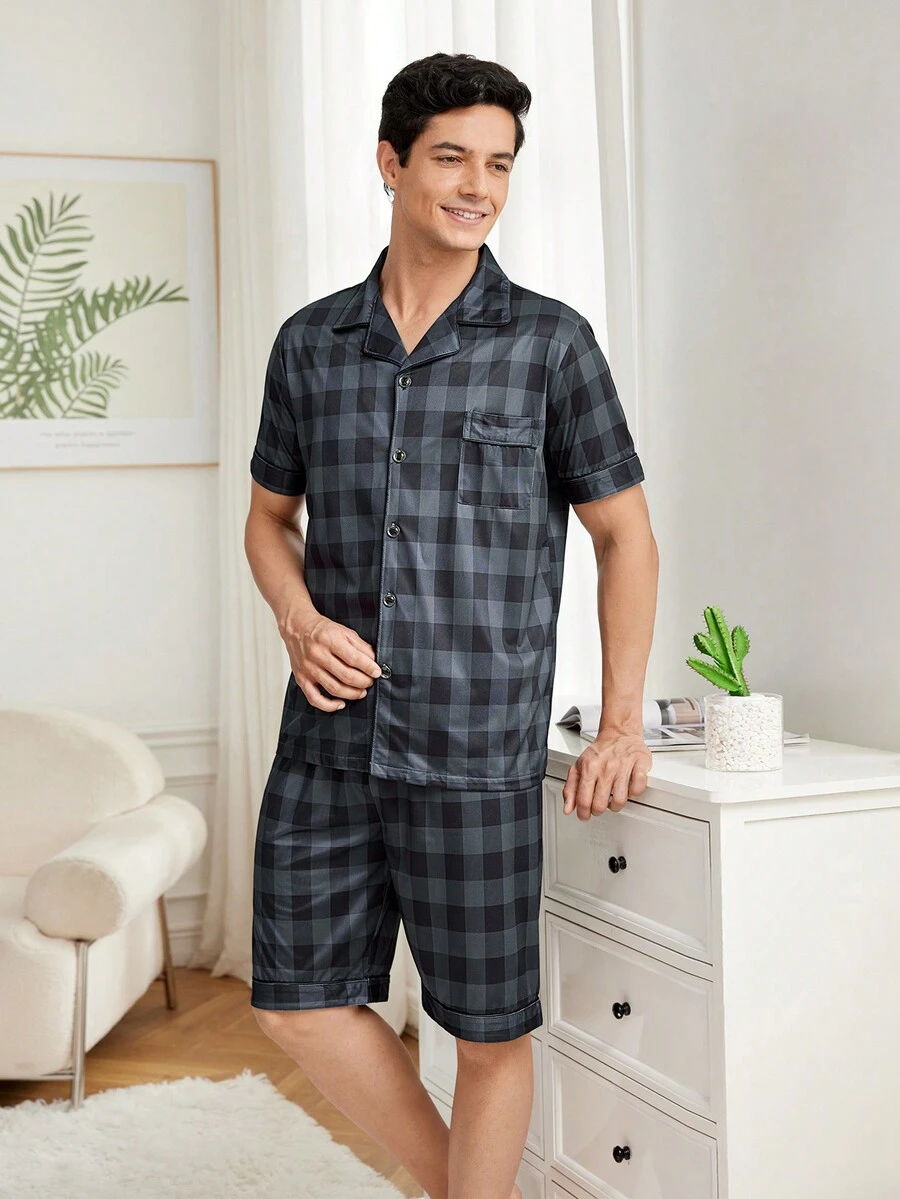 Set De Ropa Para Hombre, Camisa A Cuadros De Manga Corta Y Shorts Para Estar En Casa - Negro - Ver 1