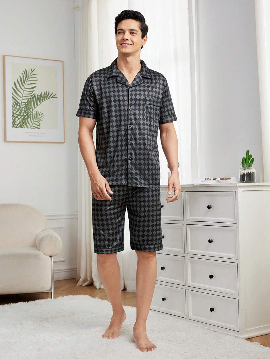 Men's Short Sleeve Diamond Pattern Pajama Set