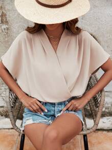 SHEIN Frenchy 女款v領褶皺蝙蝠袖連身衣 - 杏色 - 查看 3