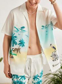 Manfinity VCAY Men's Coconut Tree Print Shirt And Drawstring Waist Shorts - Multicolor - View 4