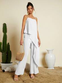 SHEIN VCAY Women's Asymmetrical Hem Tank Top And Wide Leg Pants Two Piece Set - White - View 3