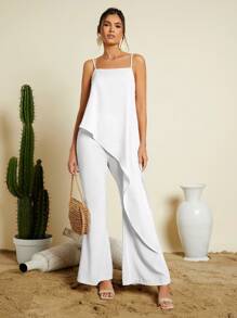 SHEIN VCAY Women's Asymmetrical Hem Tank Top And Wide Leg Pants Two Piece Set - White - View 1