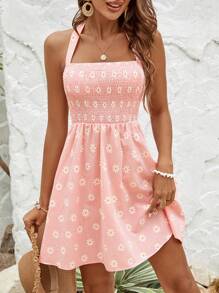 SHEIN VCAY 女士格紋和雛菊印花露背連身裙 - 粉色 - 查看 1