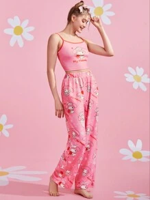 HELLO KITTY AND FRIENDS | SHEIN Conjunto de pijama de Camiseta con Estampado de Melodía Rosada de Dibujos Animados y Letras y Pantalones, Lindo Conjunto de Pijama - Rosa - Ver 6