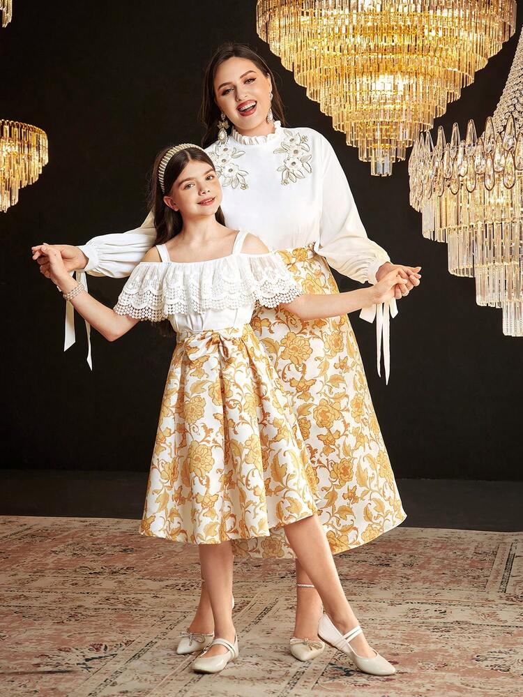 Tween Girls' Loose Cute Ruffle Trim Blouse And Skirt Set