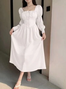 DAZY Ladies' Solid Color Square Neck With Ruffle Hem Sleeves, Pleated Ribbon Tie Dress, Fall Dress - White - View 4