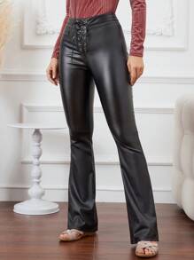 SHEIN LUNE Women's Fashionable Solid Color Cross Tie Slim Flared Pants - Black - View 6