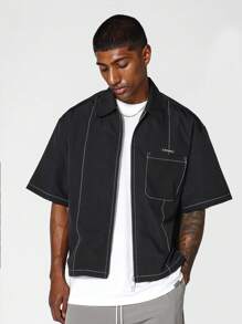 SUMWON Boxy Fit Zip Through Shirt With Patch Pocket