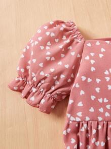 女嬰休閒心形圖案泡泡袖連身裙 - 粉色 - 查看 3