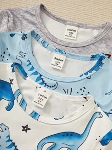Young Boy 6pcs Cute Cartoon Dinosaur Printed Round Neck Snug Fit T-Shirt And Shorts Set, Home Wear - Blue - View 3
