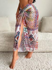 Swim Vcay 随机印花不对称下摆长裙罩衫，适合度假、夏季海滩 - 彩色 - 查看 8