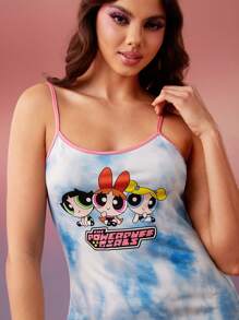THE POWERPUFF GIRLS X SHEIN Vestido De Noche Tipo Desliz Con Impresión De Dibujos Animados Y Teñido Gradiente Con Contraste De Ribeteado