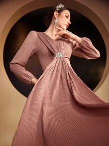 Modelyn Ladies' Pleated Puff Sleeve Dress Long Evening Dresses Fall Cloth For Women