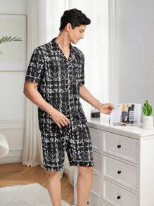Men's Plaid Short-Sleeved Tops, Shorts, Home Clothes Set