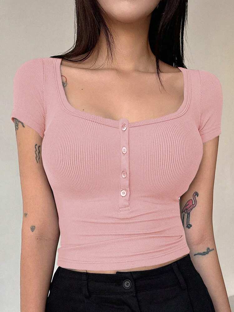 Women's Button Half-Placket Ribbed Knit T-Shirt Preppy Tops
