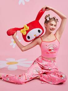 HELLO KITTY AND FRIENDS | SHEIN Conjunto de pijama de Camiseta con Estampado de Melodía Rosada de Dibujos Animados y Letras y Pantalones, Lindo Conjunto de Pijama - Rosa - Ver 7