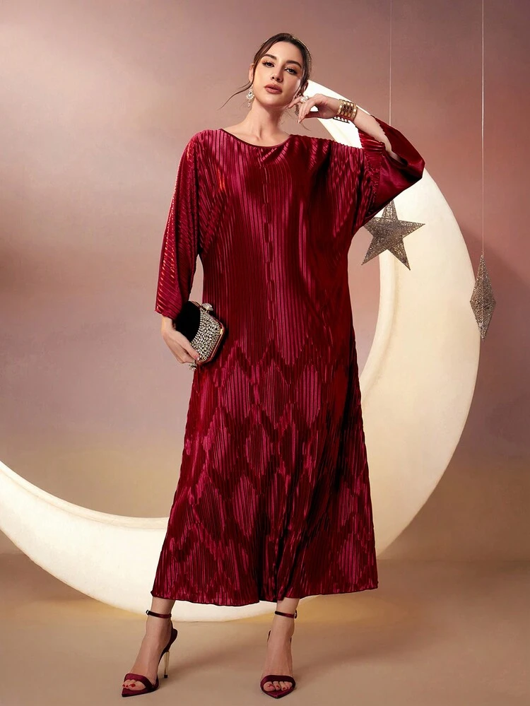 Burgundy Red Women's Solid Color Round Neck Batwing Sleeve Dress, Elegant Evening Party Dress Long Evening Dresses