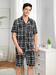 Men's Plaid Short-Sleeved Tops, Shorts, Home Clothes Set