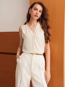 MOTF PREMIUM 絲質純色v領無袖襯衫 - 香檳色 - 查看 10