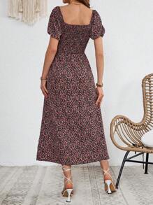 SHEIN VCAY 婚禮女裝花卉印花割線浪漫長洋裝，帶蓬松袖子，適用於假期 - 黑色 - 查看 2