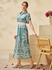 Seusyu Women's Polka Dot Pattern Printed Batwing Short Sleeve Shirt Dress - Mint Green - View 6