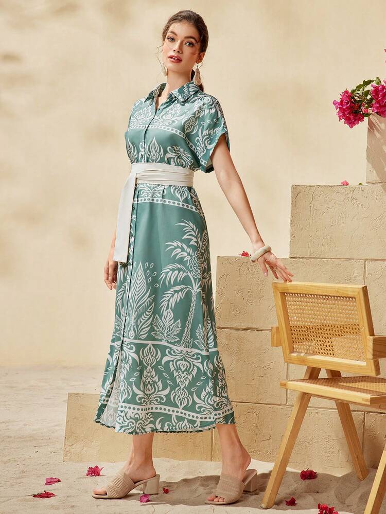 Women's Polka Dot Pattern Printed Batwing Short Sleeve Shirt Dress