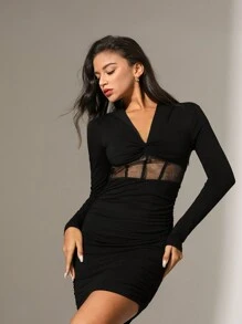 Zolique Women's Mesh Splice Pleated Dress - Black - View 4