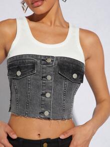 Denimoi Contrast Knit Raw Edge Cropped Denim Top - White - View 5
