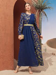 Al Najma Quý cô Xếp li Ả Rập Phong cách Đầm Với Gold Foil In Hoa - Màu xanh lam - Xem 3