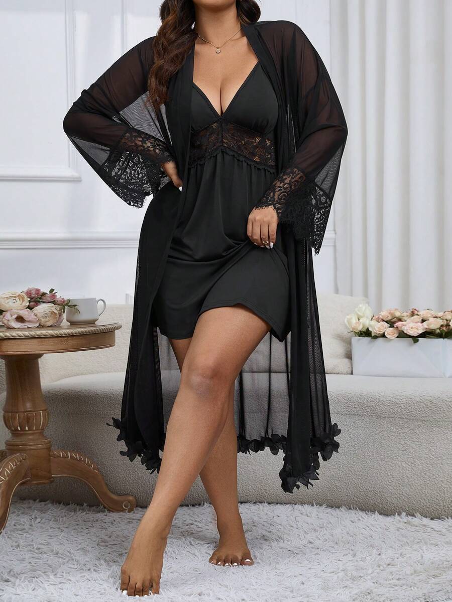 Plus Size Women's Sexy Lace Cami Dress And Mesh Robe Set - Black - View 1