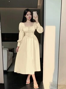DAZY 女士方領褶皺荷葉袖裙 - 米色 - 查看 4