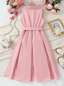 SHEIN 1pc Tween Girls' Pink Sleeveless Casual Dress - Pink - View 2