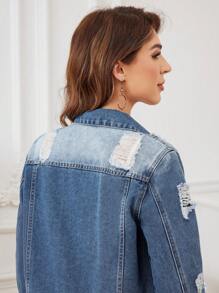SHEIN LUNE Women's Distressed Button Front Denim Jacket - Light Wash - View 2
