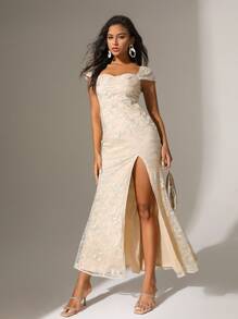 Anewsta Vestido De Mujer Con Hombros Descubiertos Y Abertura Alta - Albaricoque - Ver 5