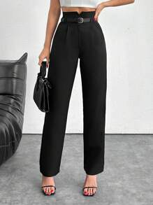 EURMUSE Black Slit Waist Straight Pants - Black - View 5