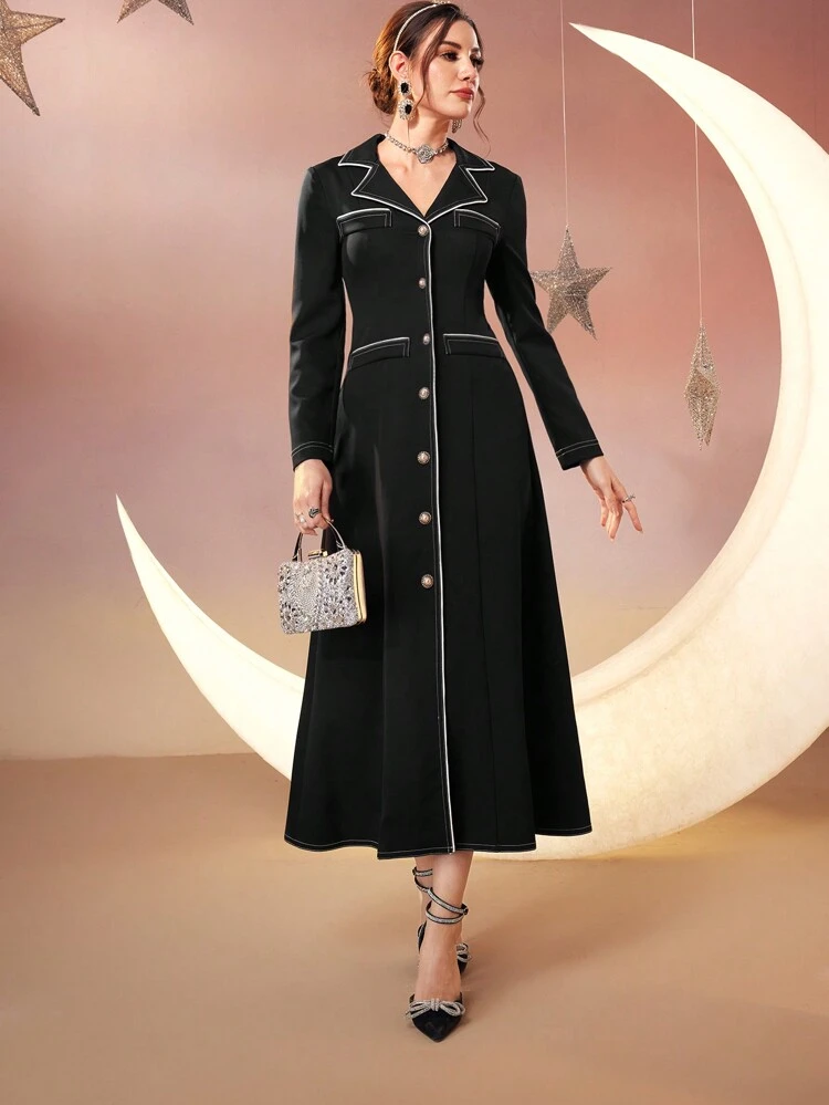Women's Color Block Edge Stitching, Turn Down Collar, Front Button Up Dress Long Evening Dresses