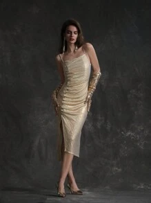 Zolique Ladies' Sexy Champagne-Colored Cami Dress With Pleats, Metallic Bubble Beads And Studs - Champagne - View 3